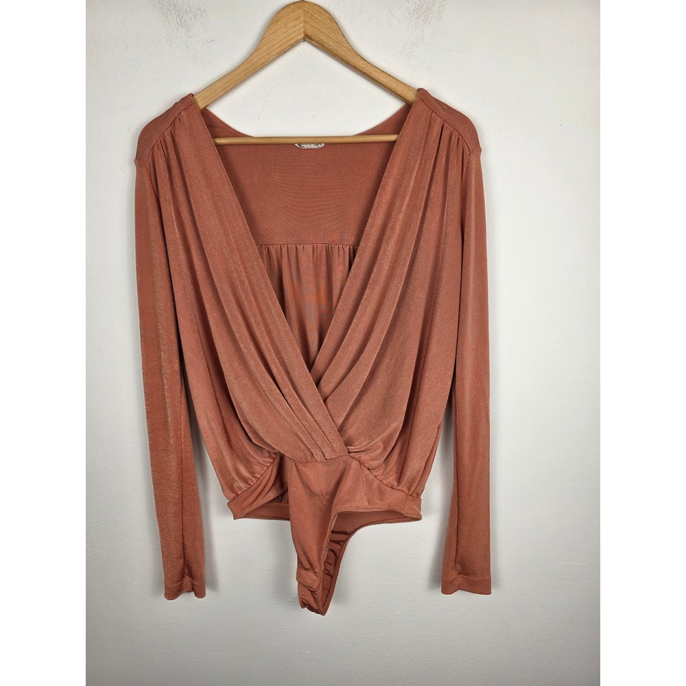 Free People Intimately Plunging Wrap Bodysuit Terra Cotta Red Long Sleeve Medium